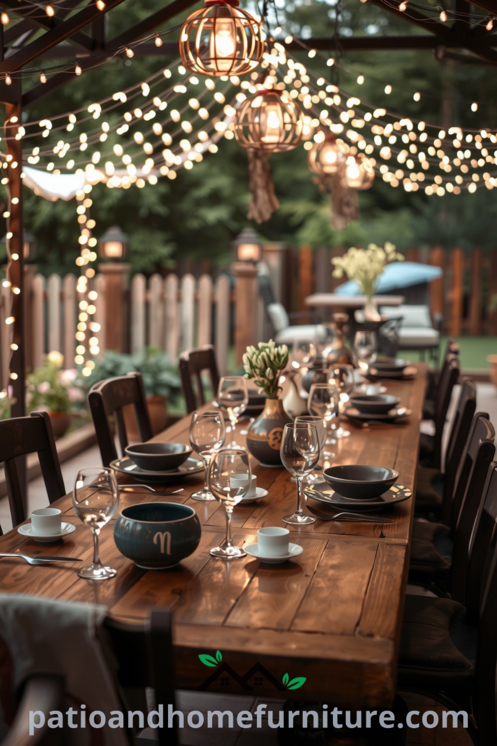 Elegant outdoor patio table set under fairy lights, featuring rustic ceramic dishes and mismatched glassware, surrounded by blooming jasmine, creating cozy inspirations for unique home decor ideas at fireplacesandwoodstoves.com.