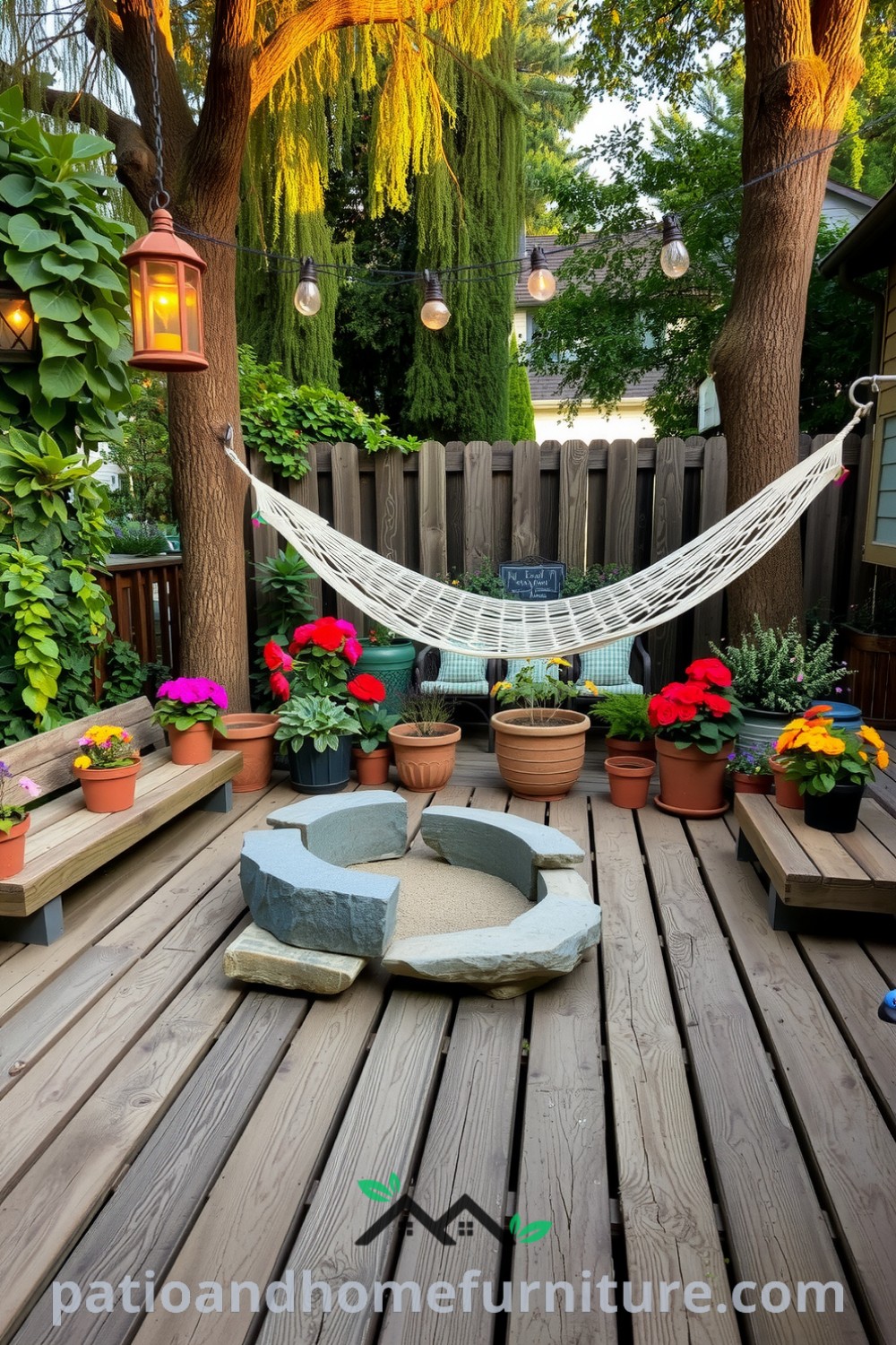 A cozy backyard retreat with a rustic wooden deck, vibrant flowers and herbs, a gray stone fire pit under string lights, and a hammock between trees, illustrating design inspirations for your home at fireplacesandwoodstoves.com.