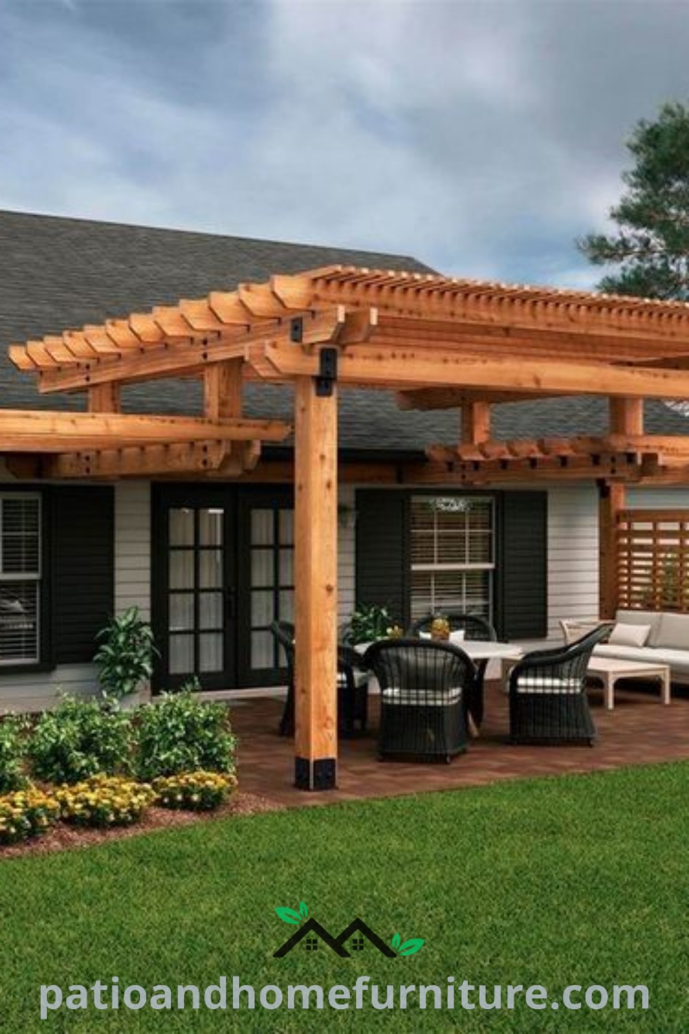 Comfy patio featuring an attached pergola, cozy seating area, and decorative plants, showcasing unique ideas for outdoor design inspirations on wellnesswink.com.