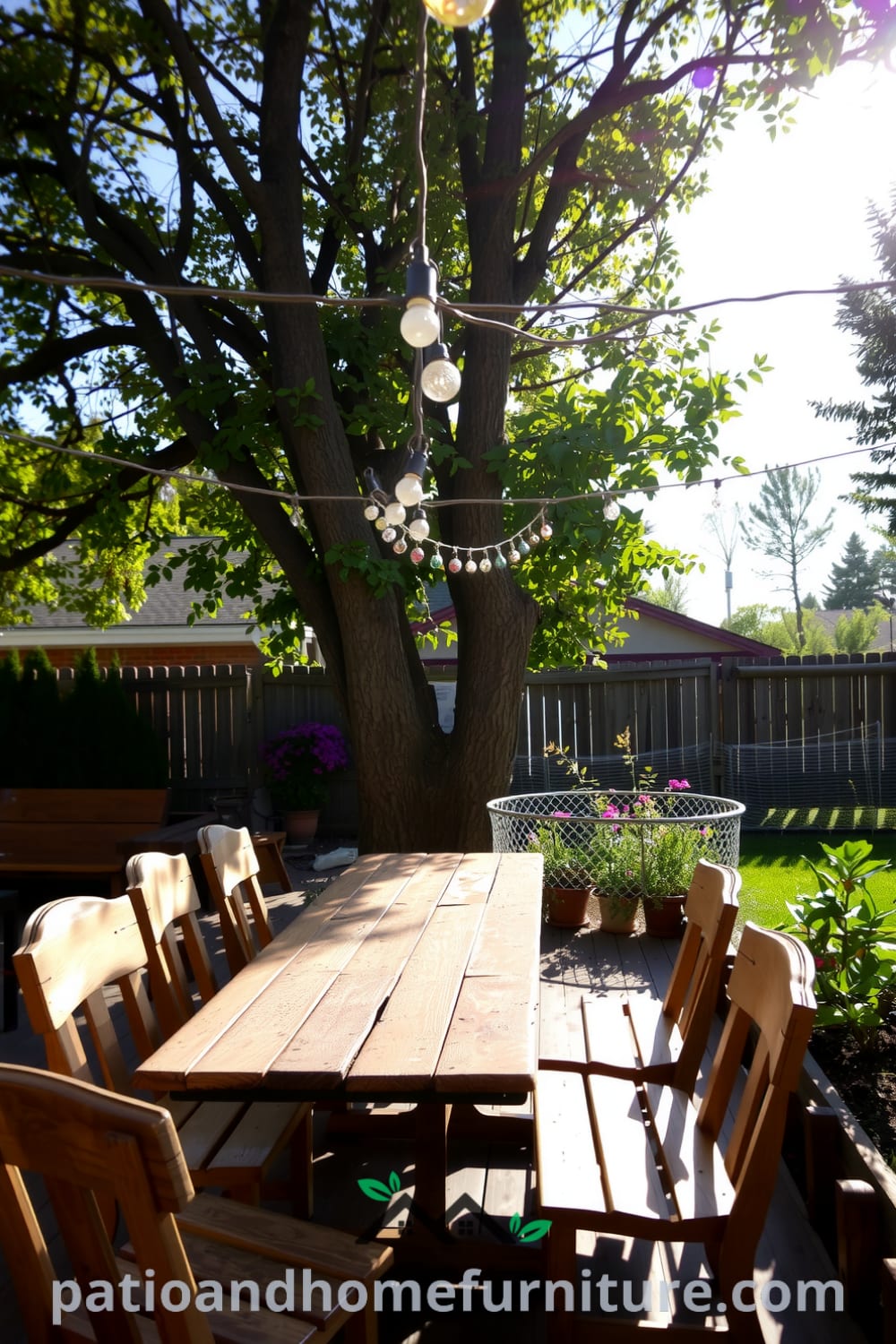 Backyard scene featuring a rustic wooden picnic table and mismatched chairs illuminated by twinkling string lights, surrounded by an old oak tree and a blooming garden, providing cozy ideas for outdoor gatherings. Visit fireplacesandwoodstoves.com for more decor inspirations.