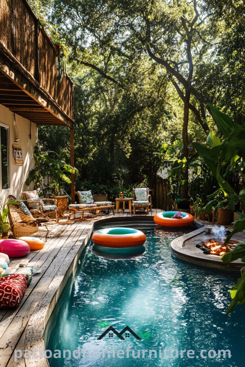Inviting backyard oasis design from patioandhomefurniture.com showcasing an above ground pool, lush landscaping, a cozy fire pit, and inspiring outdoor living space ideas.