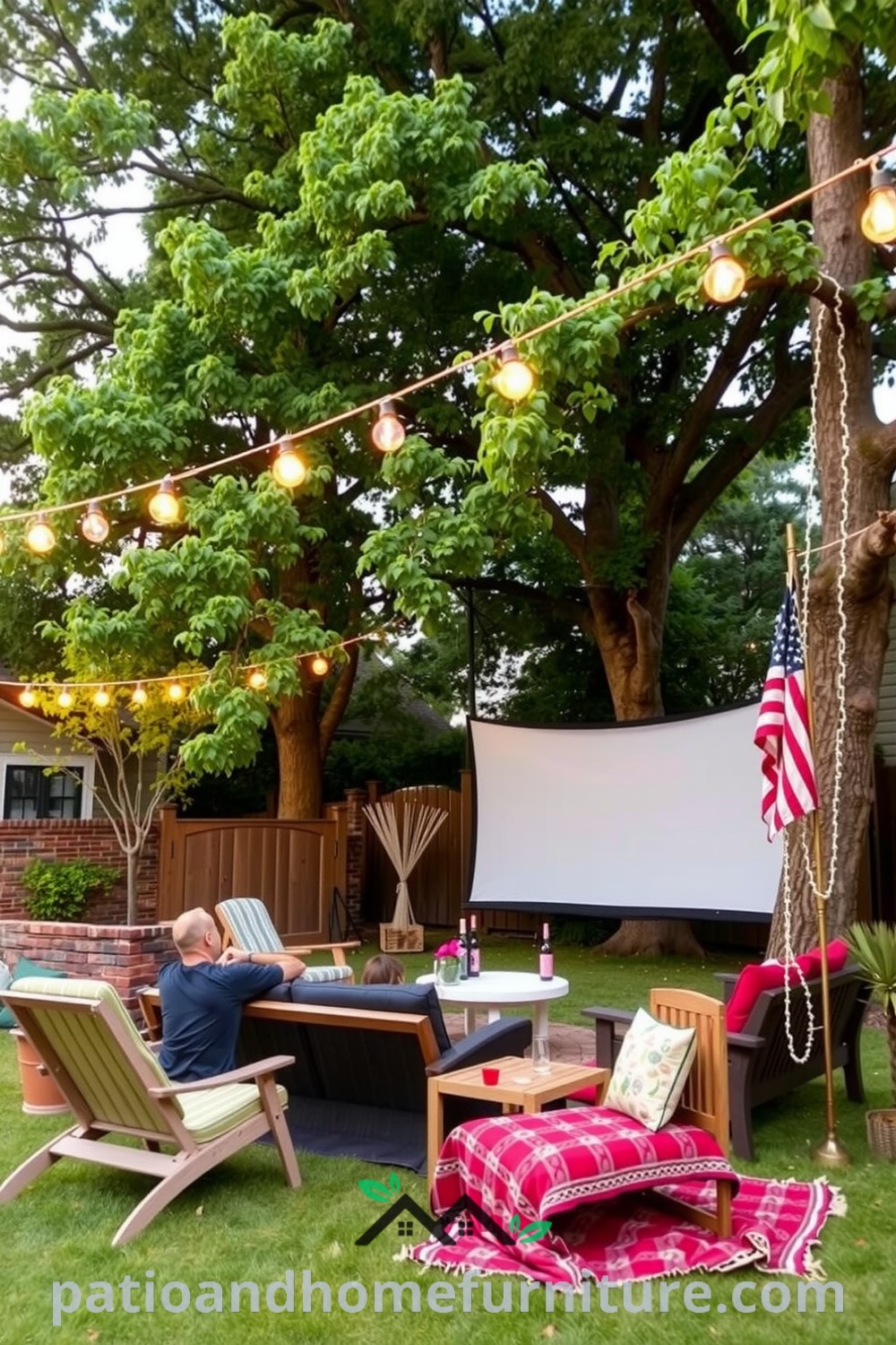 Backyard cinema with oversized screen, comfortable lounge chairs, and string lights between trees, offering cozy ideas and decor inspirations for outdoor movie nights, enhancing your home with inviting design ideas. Visit fireplacesandwoodstoves.com.