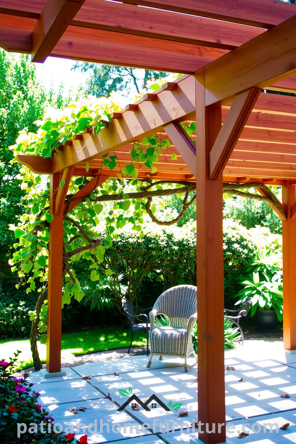Classic wooden pergola entwined with vibrant vines in a sun-dappled garden, featuring a cozy wicker chair beneath it, ideal for relaxation and surrounded by lush greenery, offering unique decor ideas for a cozy home on fireplacesandwoodstoves.com.