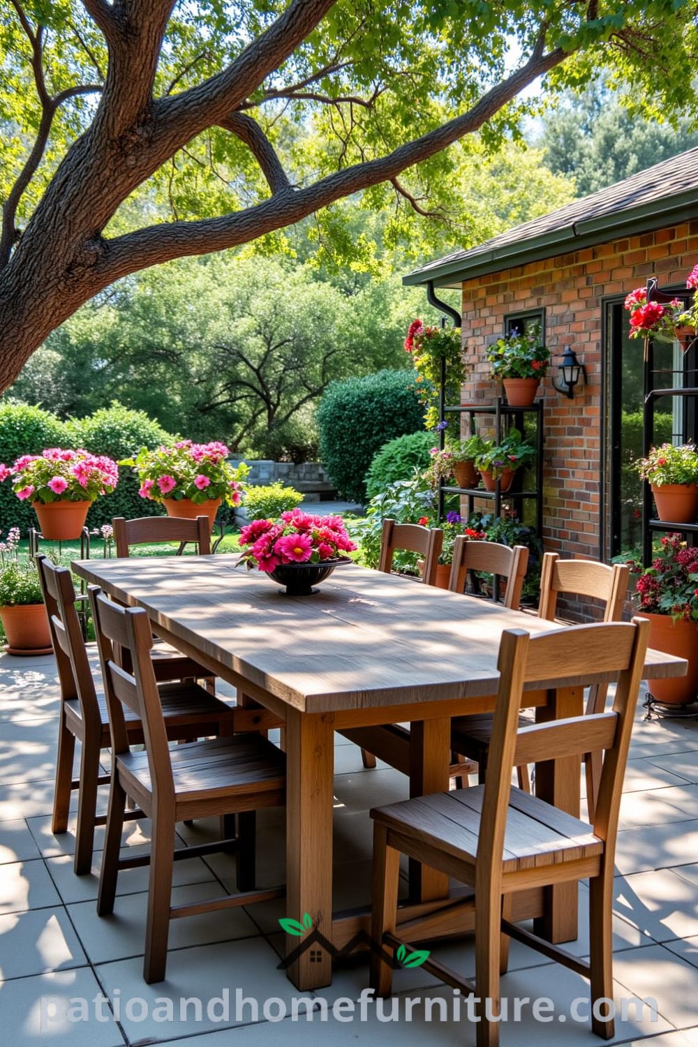 Cozy backyard dining setup with a weathered wooden table surrounded by mismatched chairs, vibrant flower pots, and climbing vines on a rusted trellis, offering inviting decor ideas and inspirations for a cozy home atmosphere on fireplacesandwoodstoves.com.