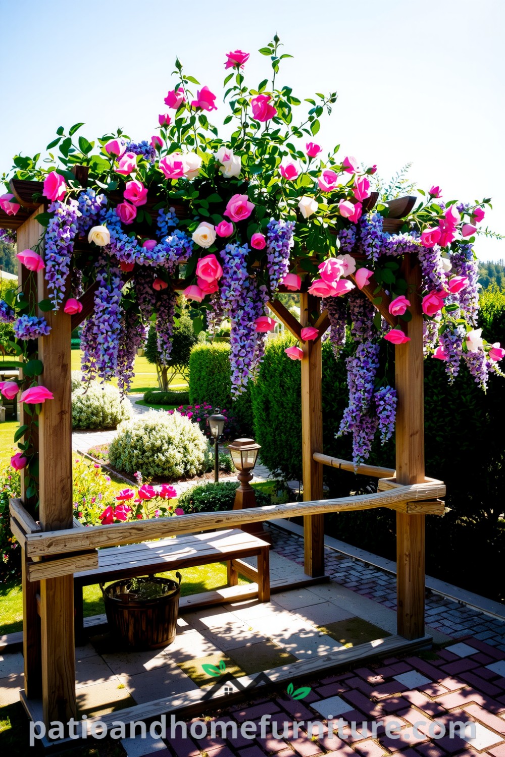 A beautiful floral pergola entwined with vibrant climbing roses and wisteria in a garden setting, with sunlight casting shadows on the cobblestone path, inspiring decor ideas for a cozy home at fireplacesandwoodstoves.com.