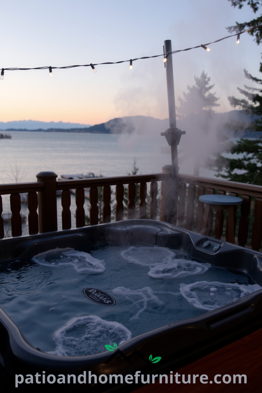 Lakeside hot tub on a wooden deck surrounded by nature, featuring steam rising, fairy lights overhead, and a serene lake view, showcasing cozy decor ideas for the perfect outdoor retreat at fireplacesandwoodstoves.com.