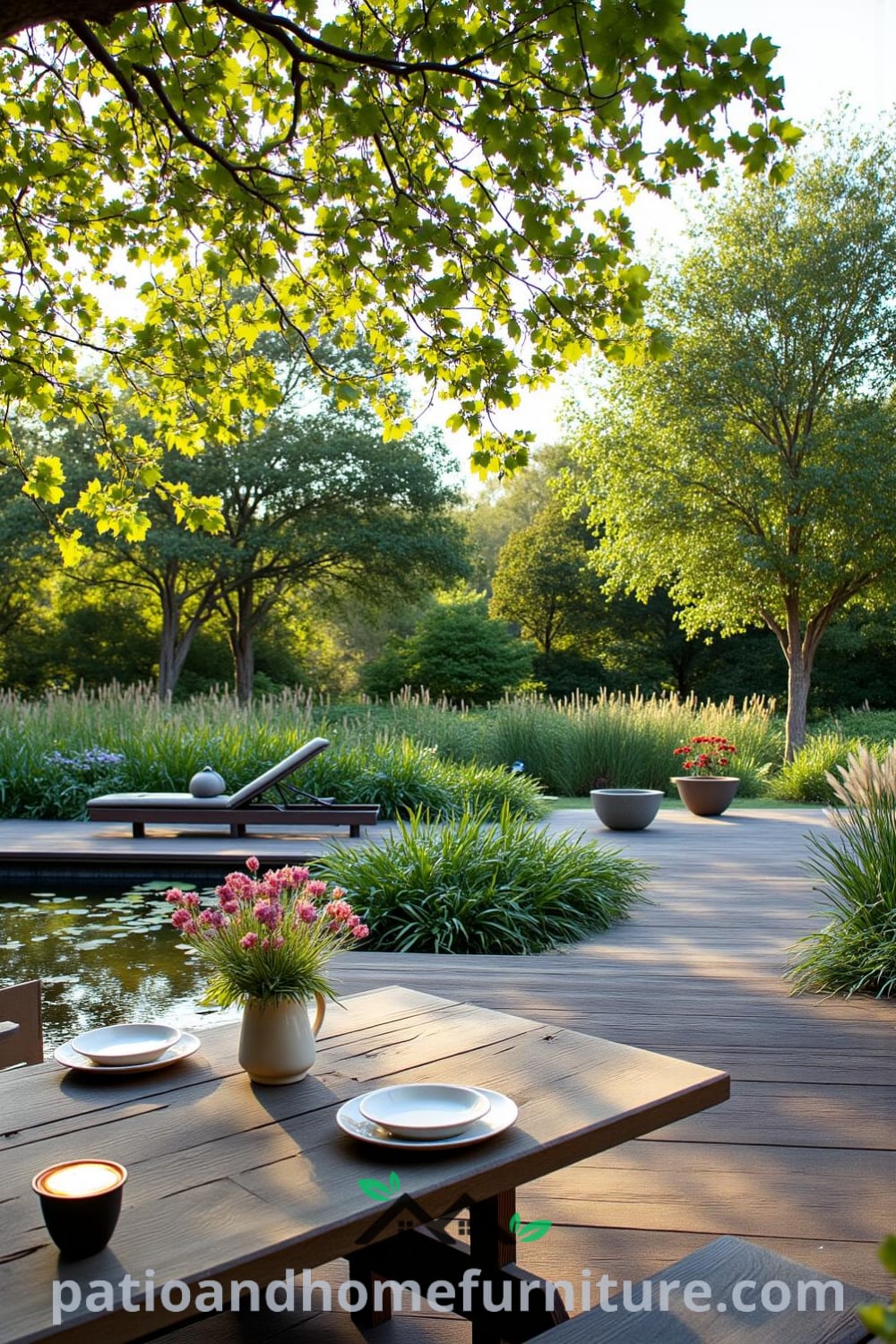 Cozy backyard with a weathered wooden deck, a shimmering pond, and a rustic dining table adorned with wildflowers, creating an inviting and tranquil outdoor space, perfect for family gatherings and relaxation at fireplacesandwoodstoves.com.