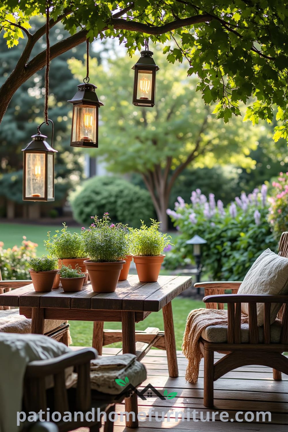 Cozy outdoor oasis with a weathered wooden deck, vibrant herb pots, charming lanterns, and soft chairs, ideal for relaxation and inspired decor ideas for your home, found at fireplacesandwoodstoves.com.