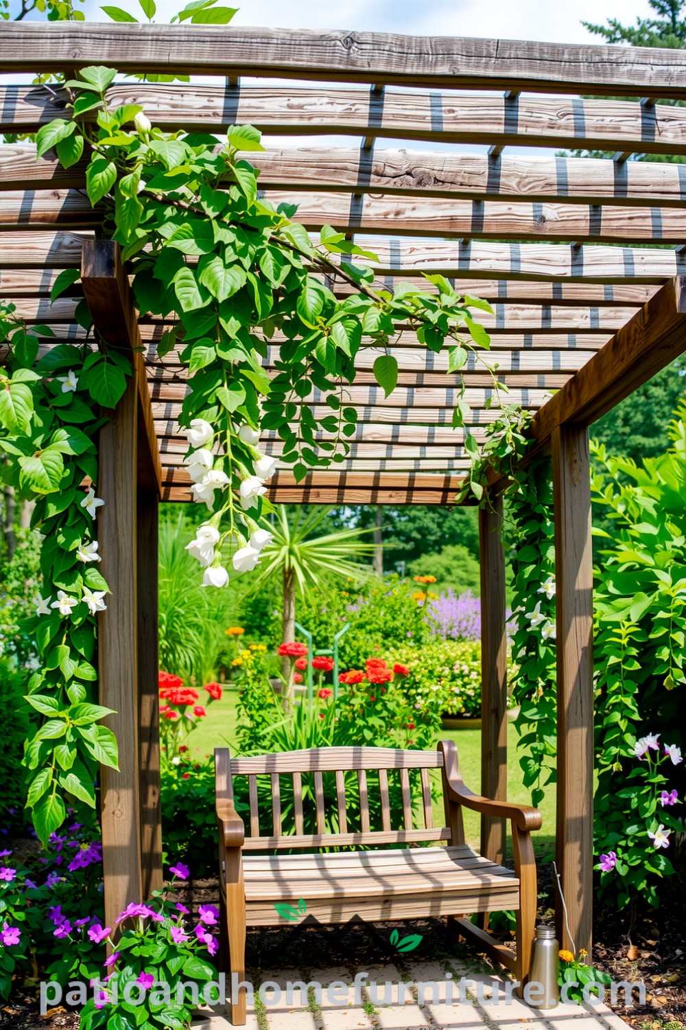 Cozy garden pergola made of weathered wood, featuring climbing vines, vibrant blooming flowers, and a rustic wooden bench, creating a peaceful outdoor retreat filled with the fragrance of jasmine. Visit fireplacesandwoodstoves.com for more cozy ideas and inspirations for your home.
