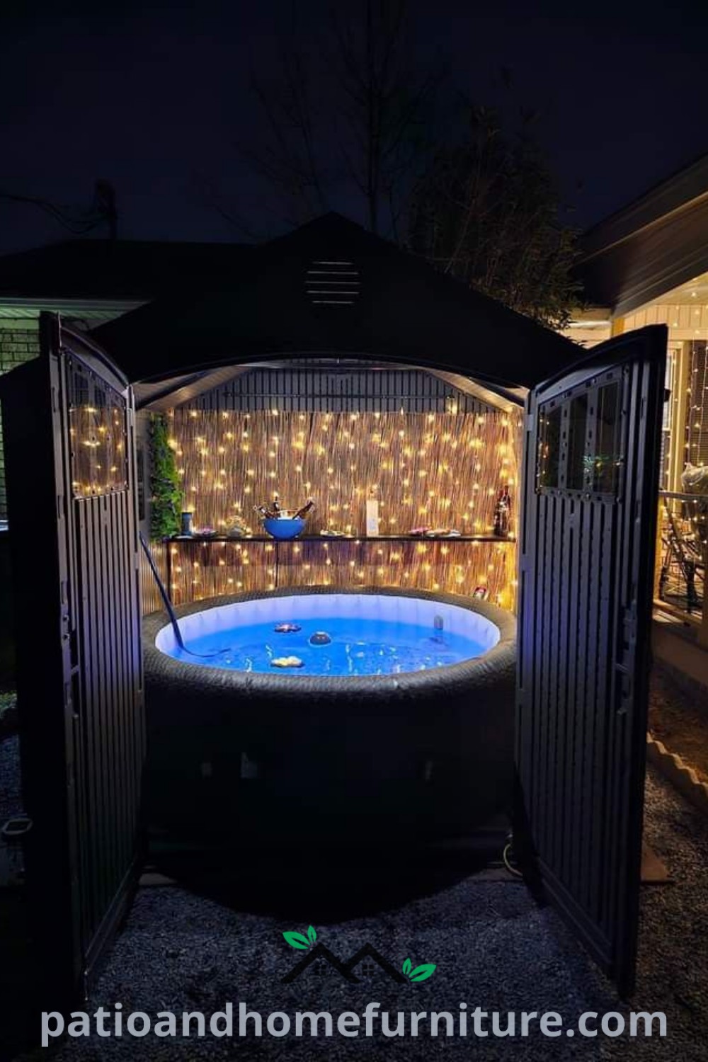 Cozy outdoor hot tub illuminated with fairy lights, surrounded by lush greenery, creating a warm and inviting atmosphere perfect for relaxation and outdoor gatherings. Visit wellnesswink.com for cozy ideas and decor inspirations.