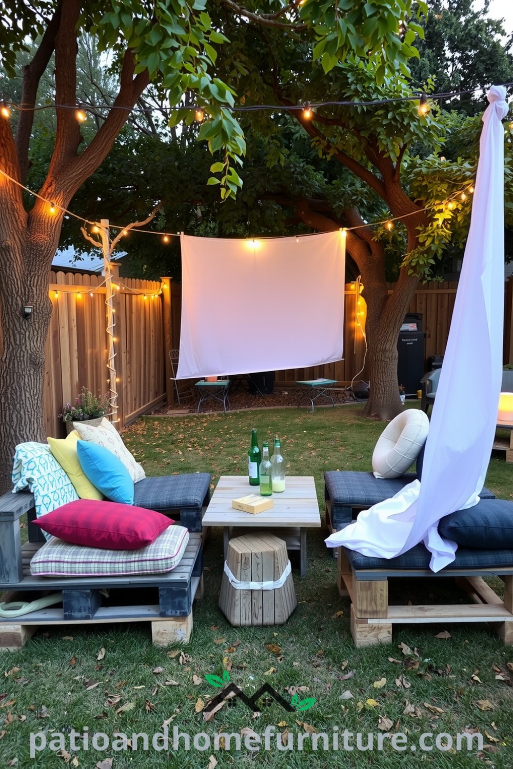 Cozy outdoor cinema setup with wooden pallet seating and colorful cushions, enchanting fairy lights, a white bedsheet screen, and a joyful atmosphere showcasing ideas for your home on fireplacesandwoodstoves.com.