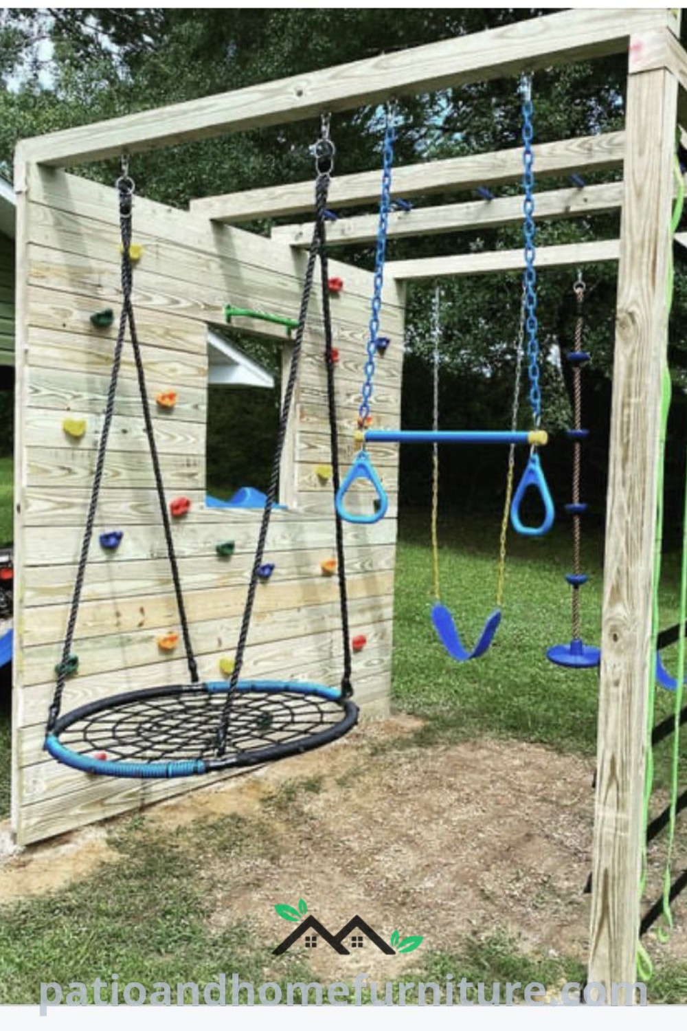 Wooden play structure with swings and climbing ropes, providing fun and active play for kids in a cozy backyard setting, featured on wellnesswink.com.