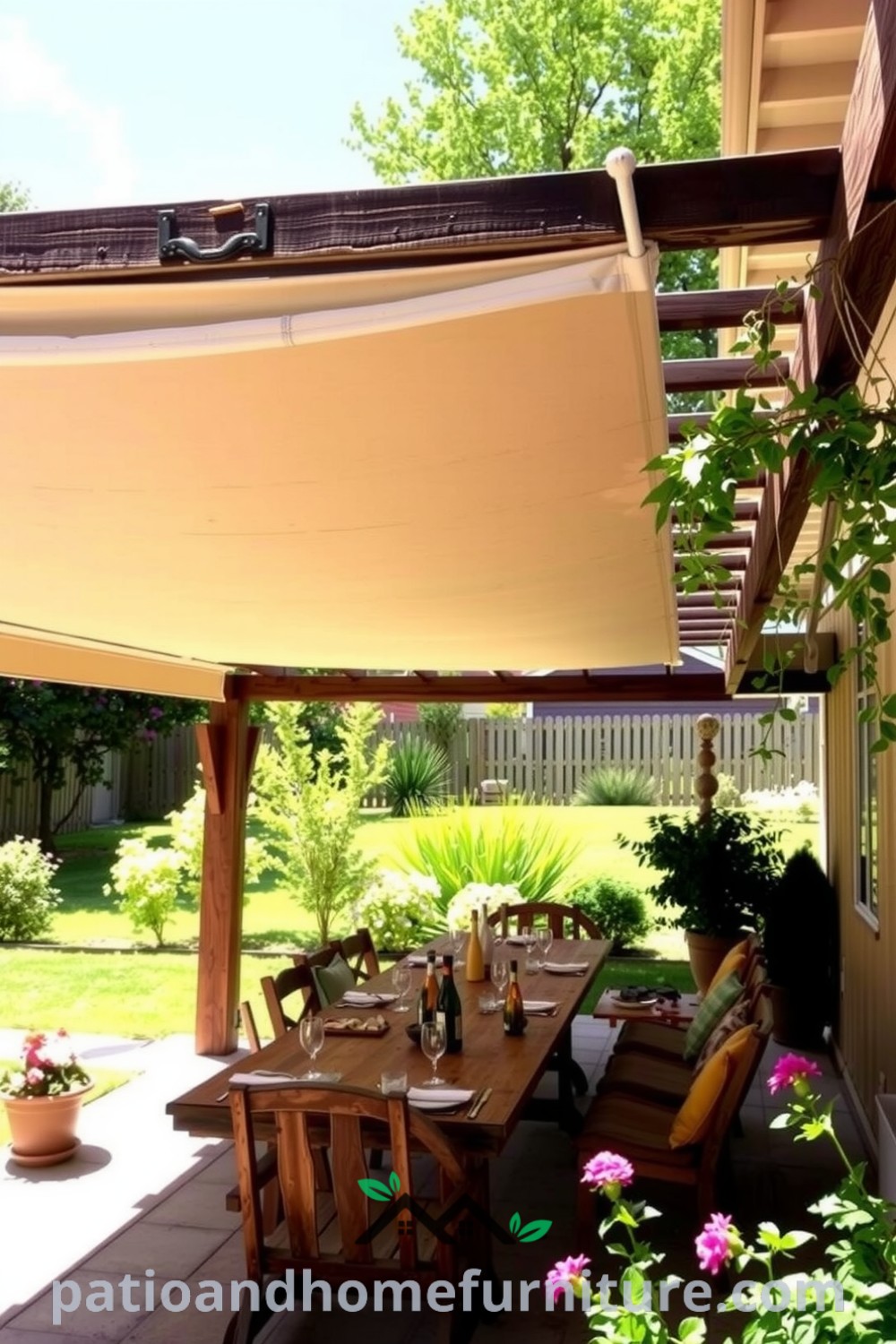 Retractable canopy pergola in a sunlit backyard featuring a weathered wooden frame, rustic table set for dining, colorful potted plants, and dappled shadows, showcasing inspiring outdoor decor ideas for your cozy home at fireplacesandwoodstoves.com.