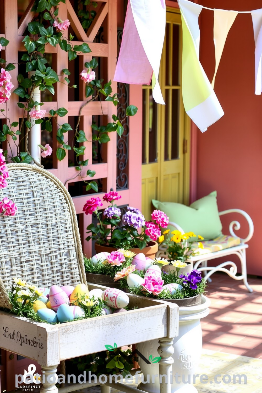 Cheerful outdoor patio with pastel colors, hand-painted eggs, and fresh blooms in rustic wooden boxes, featuring a weathered wicker chair and lattice panels adorned with climbing vines, creating a cozy atmosphere perfect for relaxation, inspired by decor ideas from fireplacesandwoodstoves.com.