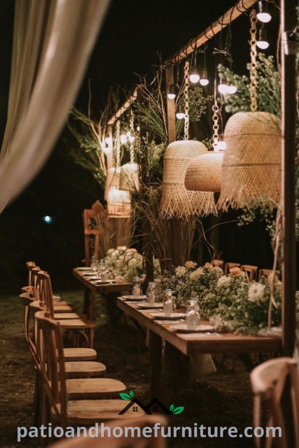 Cozy outdoor dining area illuminated by hanging lights and adorned with wicker baskets as centerpieces, showcasing design ideas for an inviting setting perfect for gatherings, available at wellnesswink.com.