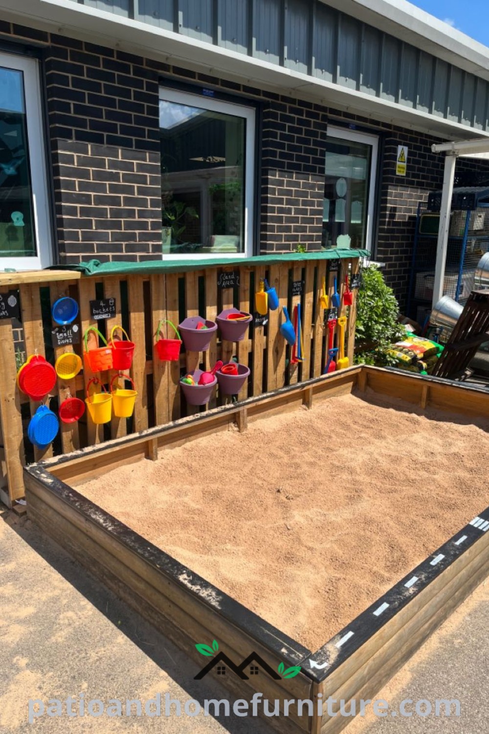 Play area featuring a cozy enclosed sandbox with vibrant toy storage and an activity wall designed for toddlers, promoting imaginative play and outdoor fun, with a cover for seasonal cleanliness, showcased on wellnesswink.com.