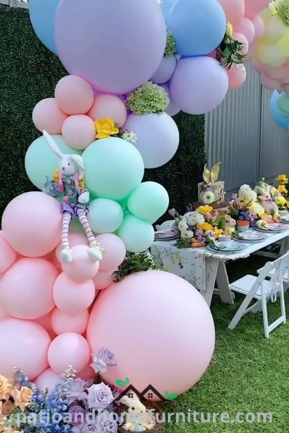 Outdoor Easter party scene with colorful balloons and flowers on the grass, showcasing cozy decor ideas and inspirations for festive gatherings, perfect for enhancing your backyard celebration at wellnesswink.com.