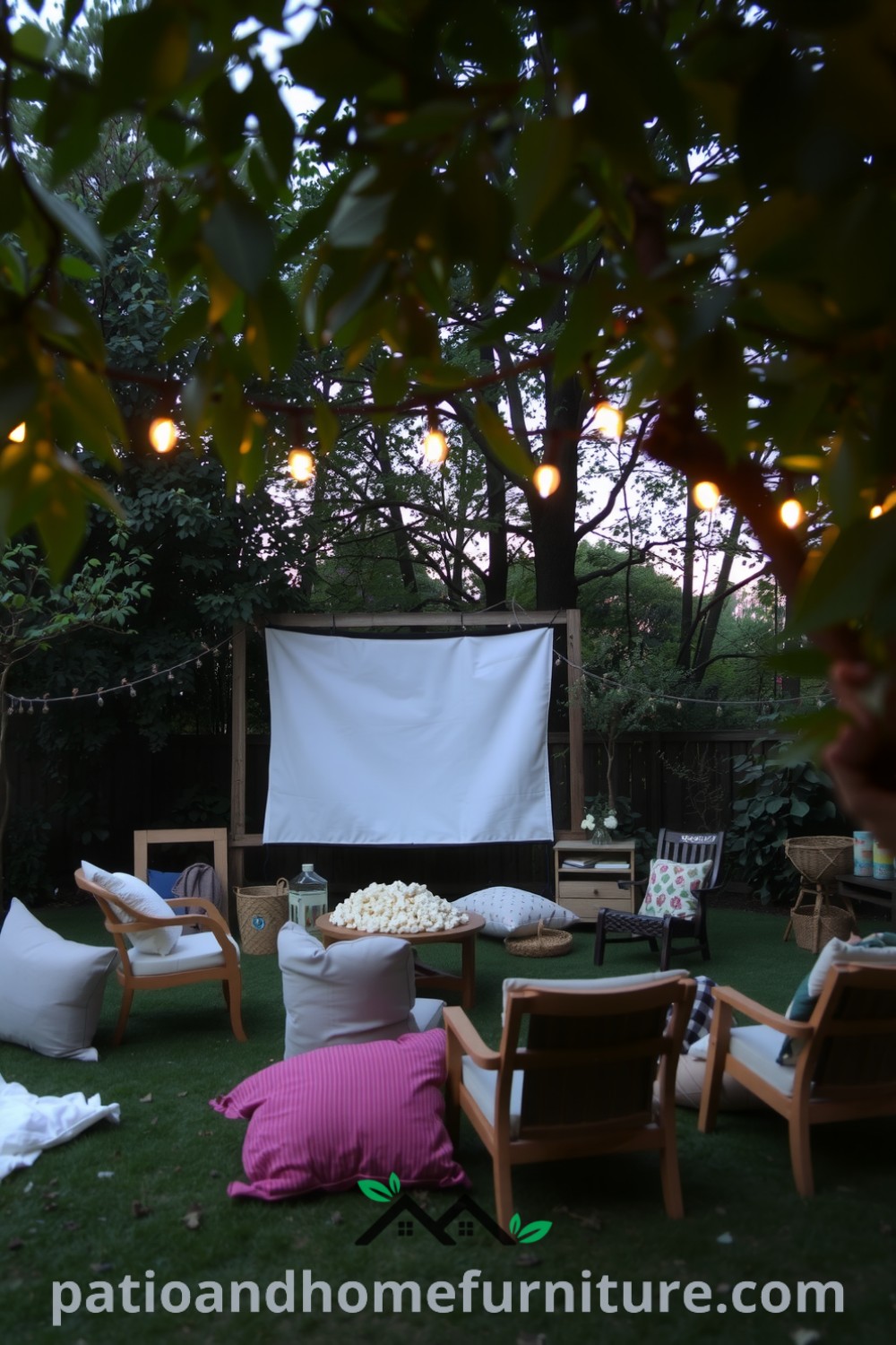 Backyard cinema setup with a white screen, cozy seating, twinkling string lights, and popcorn aroma amidst leafy trees, offering unique ideas and inspirations for creating a cozy home atmosphere, featured on fireplacesandwoodstoves.com.