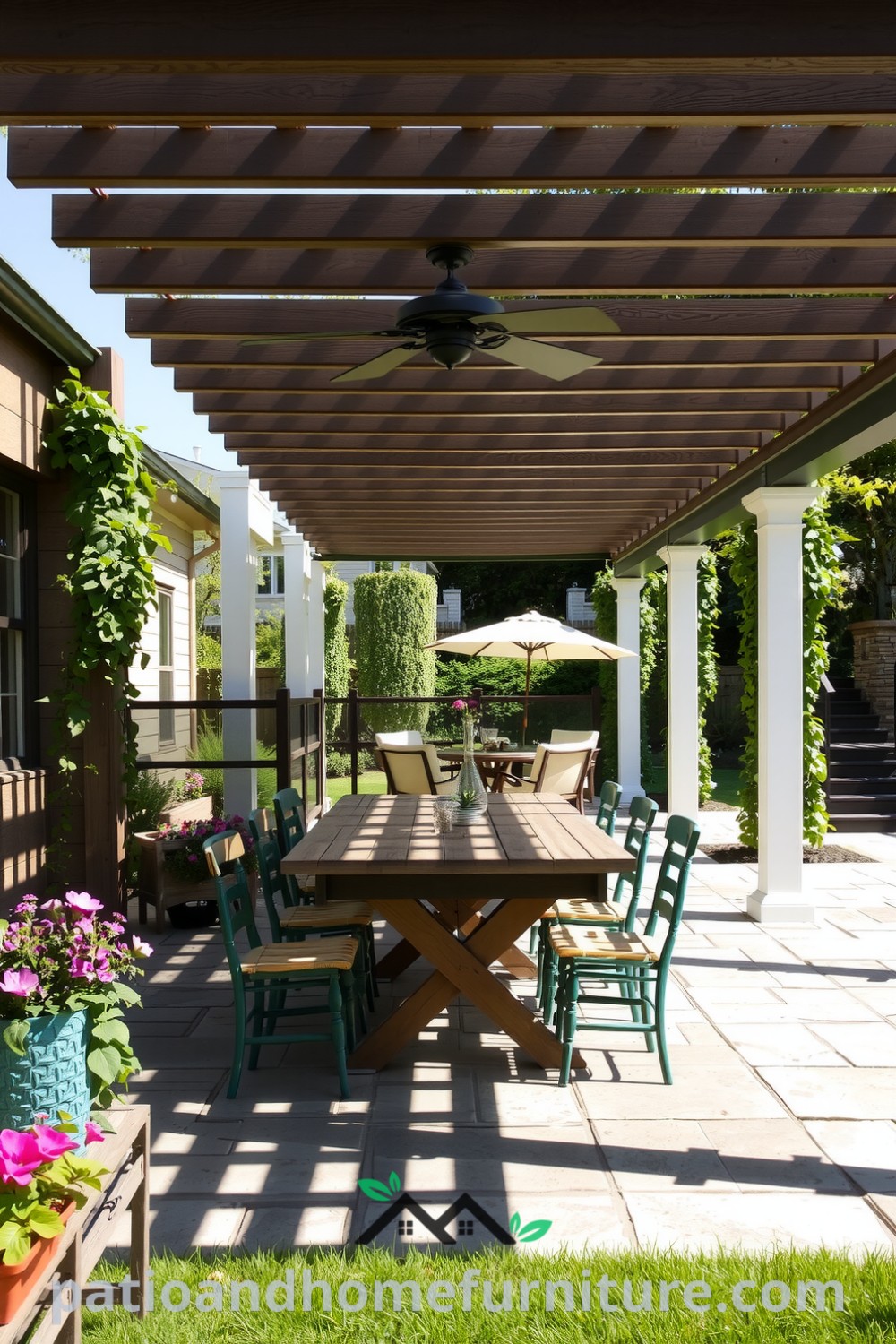 Vinyl pergola over a stone patio adorned with climbing vines and blooming flowers, featuring a rustic wooden table and mismatched chairs, creating a cozy outdoor gathering space, inspiring decor ideas for your home at fireplacesandwoodstoves.com.