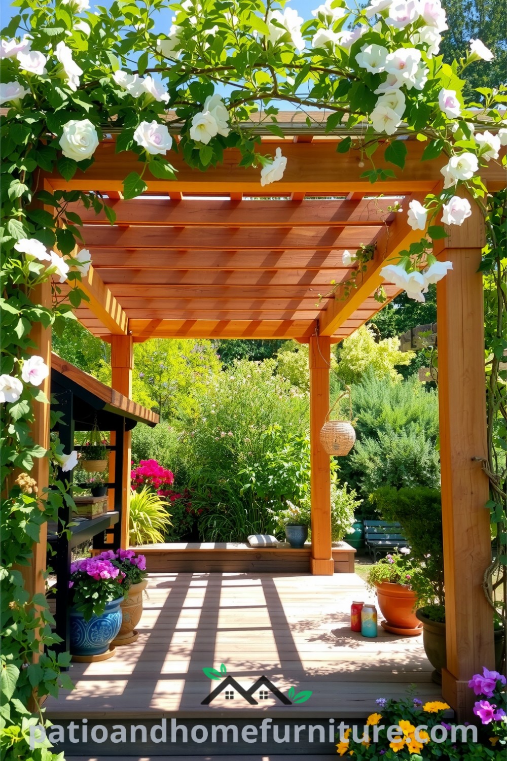 Floral vinyl pergola in a sun-drenched garden surrounded by greenery, featuring vibrant patterns, wooden beams, and creeping vines. A cozy escape for relaxation or gatherings, full of decor ideas for a peaceful outdoor space that inspires. Visit fireplacesandwoodstoves.com for more unique ideas.