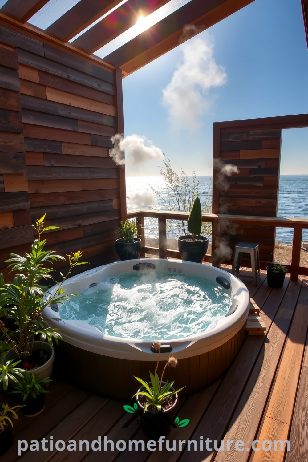 Hot tub integrated into a sunny wooden deck surrounded by vibrant potted plants, with steam rising in the afternoon light, creating a cozy oasis for relaxation. For more cozy design ideas, visit fireplacesandwoodstoves.com.