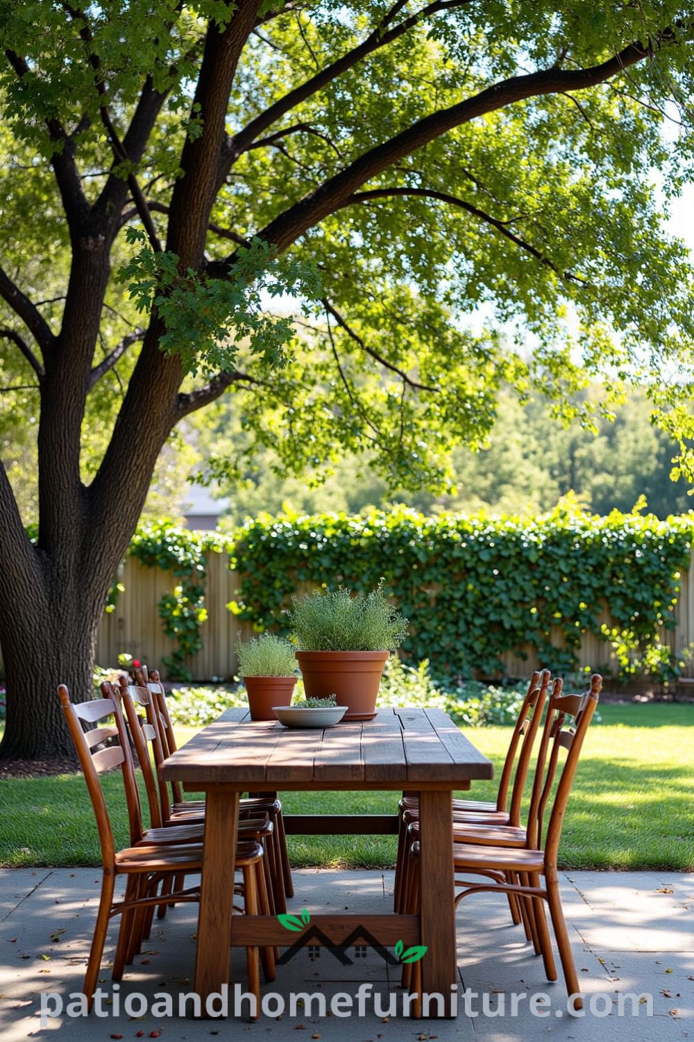 Cozy backyard with a rustic wooden table under an oak tree, surrounded by mismatched chairs and potted herbs, creating a charming outdoor gathering space; perfect for relaxation and meals, featuring cozy ideas from fireplacesandwoodstoves.com.