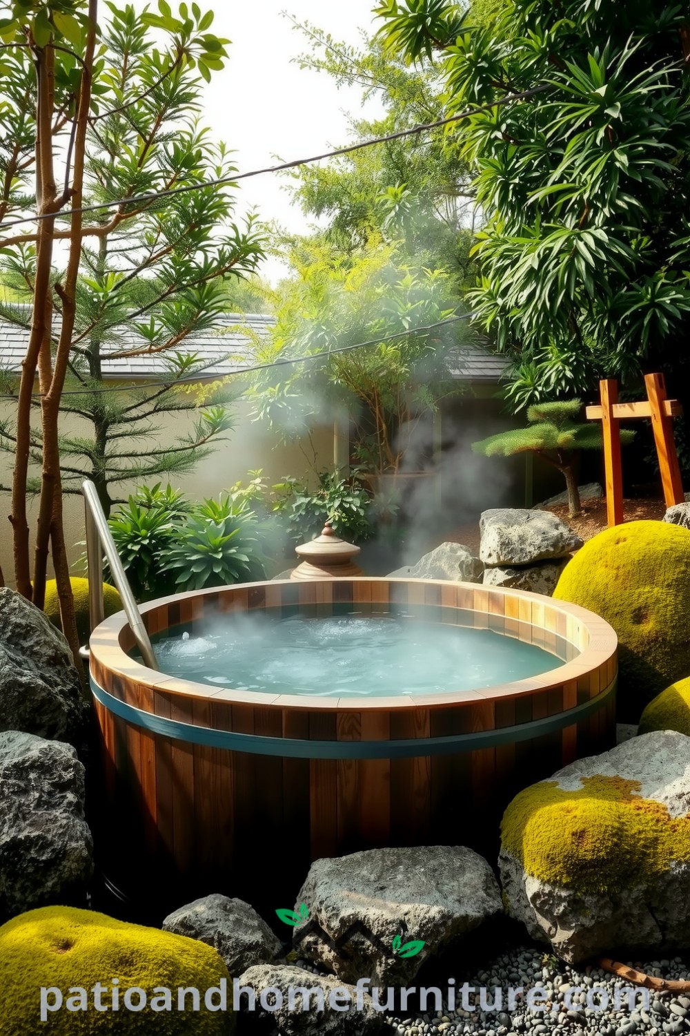 Japanese soaking hot tub made of dark cedar in a tranquil garden setting with mossy rocks and lush greenery, featuring steam rising in the crisp air, ideal for cozy home decor inspirations at fireplacesandwoodstoves.com.