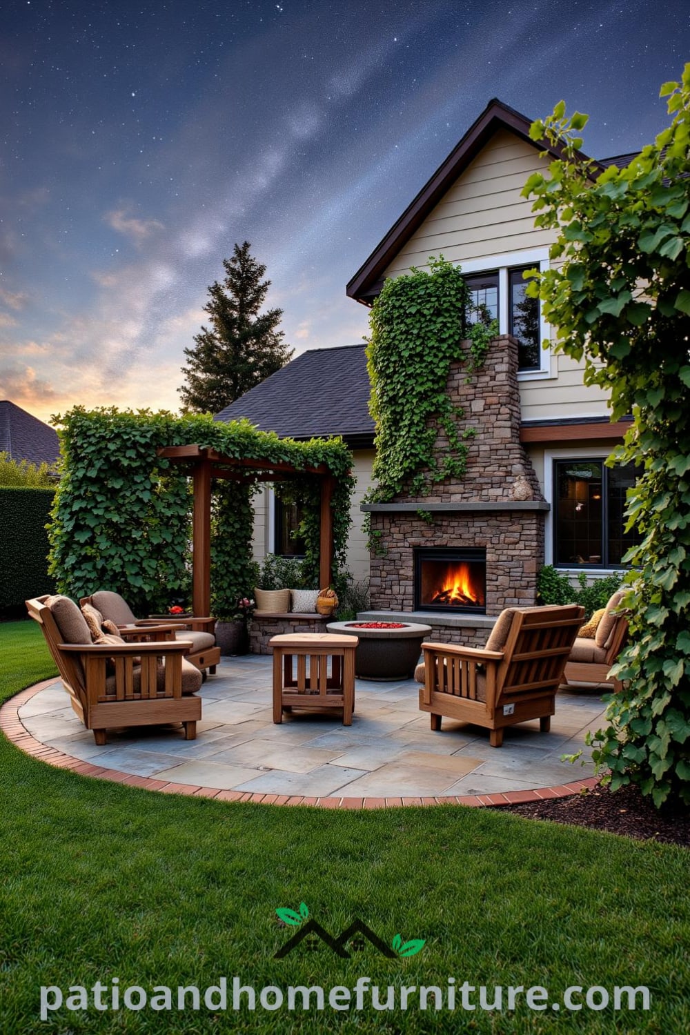 Cozy backyard with rustic wooden furniture around a fire pit, complemented by earthy cushions and a trellis covered in climbing vines, providing design ideas for a warm and inviting outdoor space at fireplacesandwoodstoves.com.