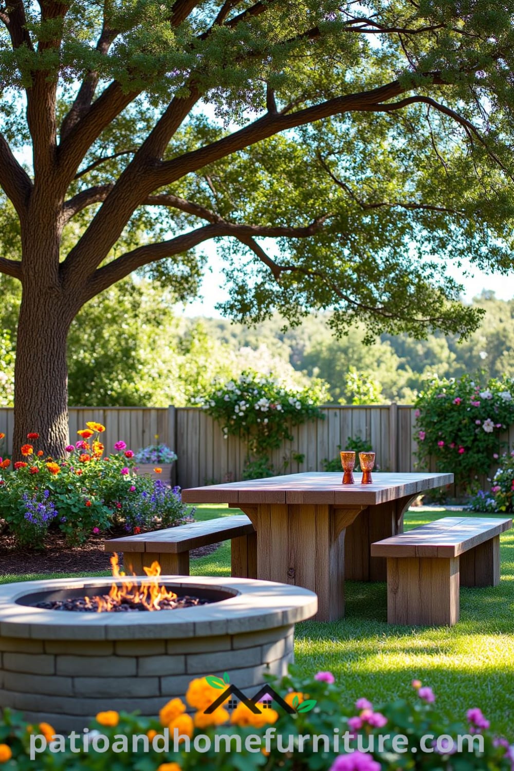 Cozy backyard with a worn wooden dining set beneath an old oak tree, surrounded by vibrant flower beds and a fire pit, creating a perfect space for family gatherings and inspirations for your home on fireplacesandwoodstoves.com.