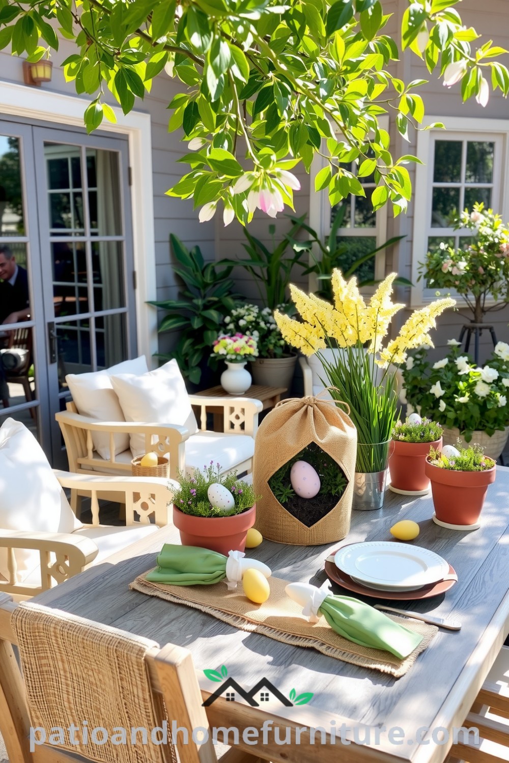 Patio decorated with pastel eggs in terracotta pots, weathered furniture, and a burlap table runner set for Easter brunch, all under gentle sunlight, showcasing cozy ideas and decor inspirations for creating a warm, inviting outdoor space on fireplacesandwoodstoves.com.