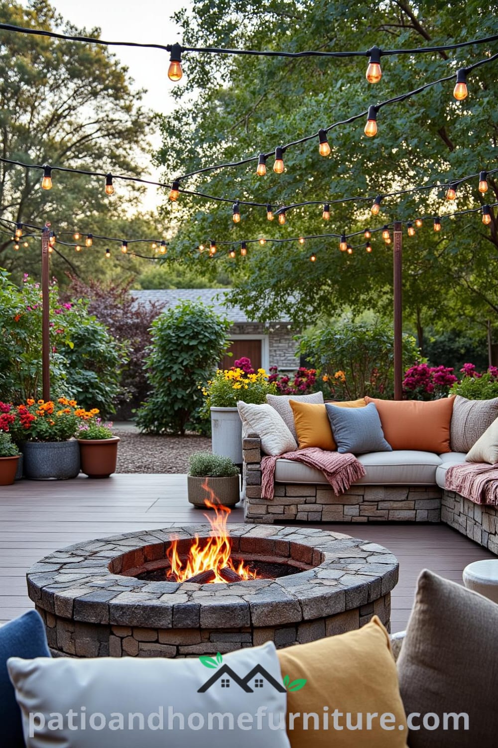 Cozy backyard with a rustic stone fire pit surrounded by wooden decking, twinkling string lights overhead, and colorful flowers and herbs adding charm, showcasing unique ideas for creating an inviting outdoor space at fireplacesandwoodstoves.com.