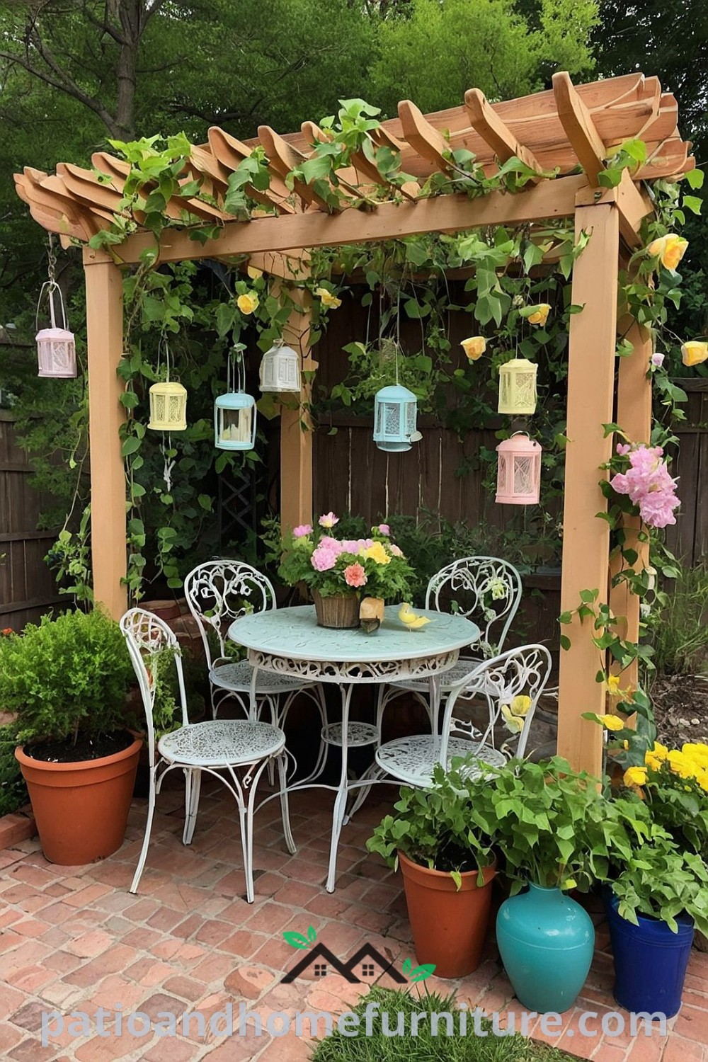 Cozy outdoor dining area featuring a pergolated trellis with potted plants and hanging birdcages, creating an inviting atmosphere perfect for dining in small spaces, with a focus on cozy decor ideas and unique inspirations. Visit wellnesswink.com for more inspiring designs.