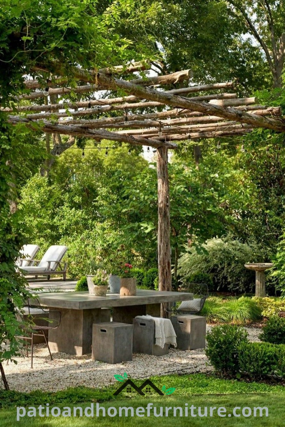 Cozy outdoor dining area in a garden setting with a rustic pergola, surrounded by lush trees and flowering bushes, showcasing unique decor ideas for a dreamy home, as featured on wellnesswink.com.