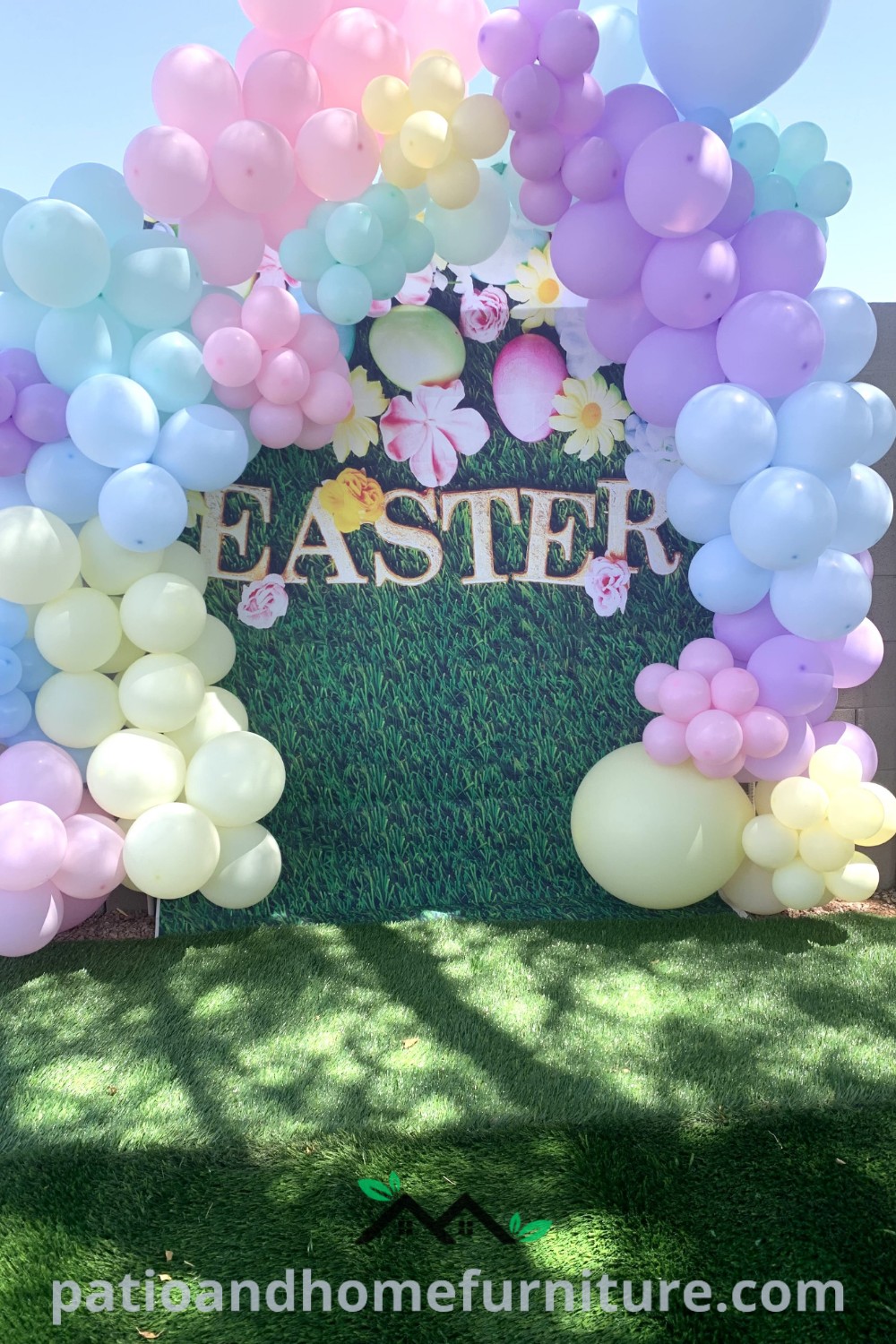 A colorful bunch of balloons in front of a sign that reads "Easter", offering cozy ideas for festive decor and inspiring balloon designs for your home at wellnesswink.com.
