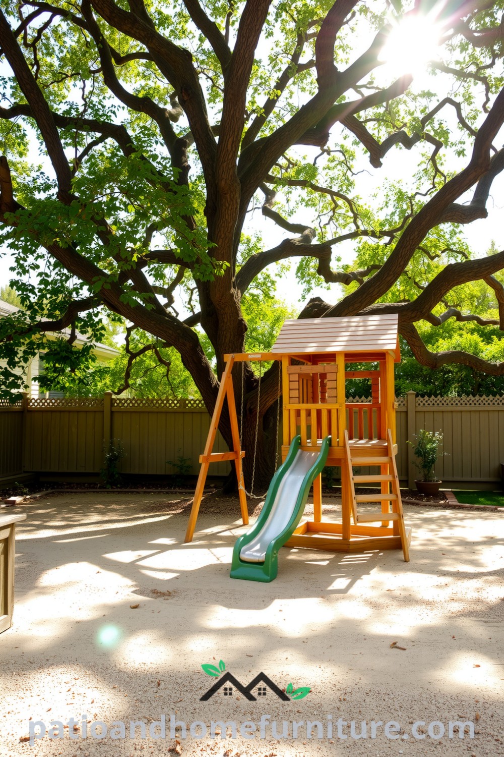 Cozy backyard featuring a classic wooden playset with a slide and swings under a sprawling oak tree, creating a perfect setting for childhood adventures and laughter, inspiring unique ideas for outdoor decor at fireplacesandwoodstoves.com.
