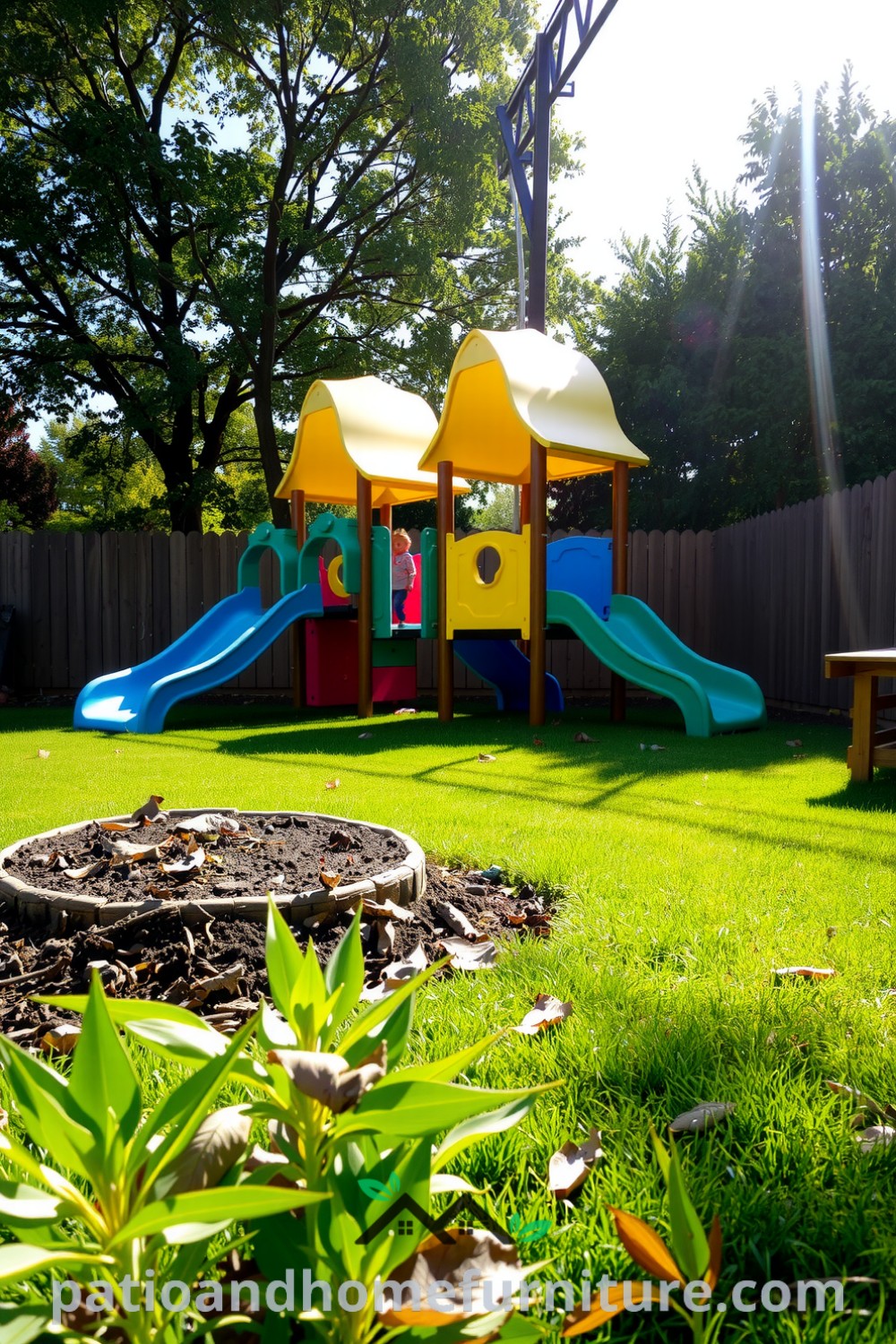 Colorful modular playground in a sunlit backyard surrounded by lush grass and fallen leaves, showcasing a lively and inviting atmosphere for families and children, inspiring unique and cozy design ideas for outdoor spaces, featuring cozy decor inspirations.
