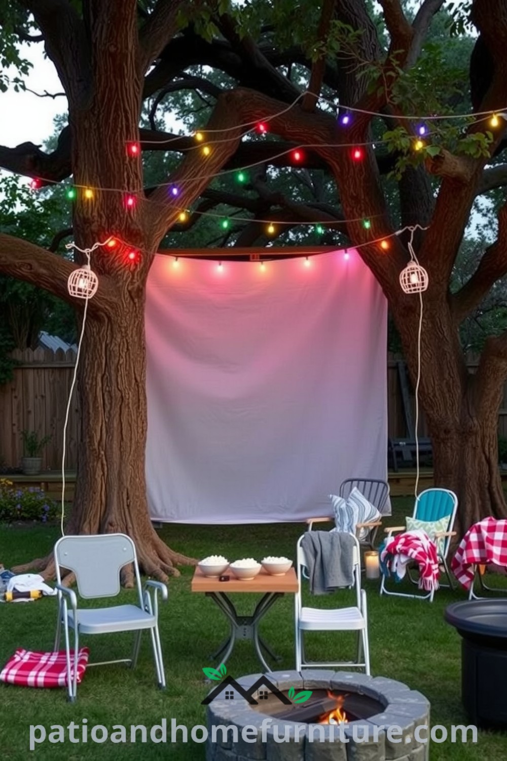 A charming backyard cinema featuring a weathered screen between oak trees, colorful string lights overhead, mismatched folding chairs, a table with popcorn and blankets, and a cozy fire pit ambiance, offering innovative cozy ideas for your home on fireplacesandwoodstoves.com.