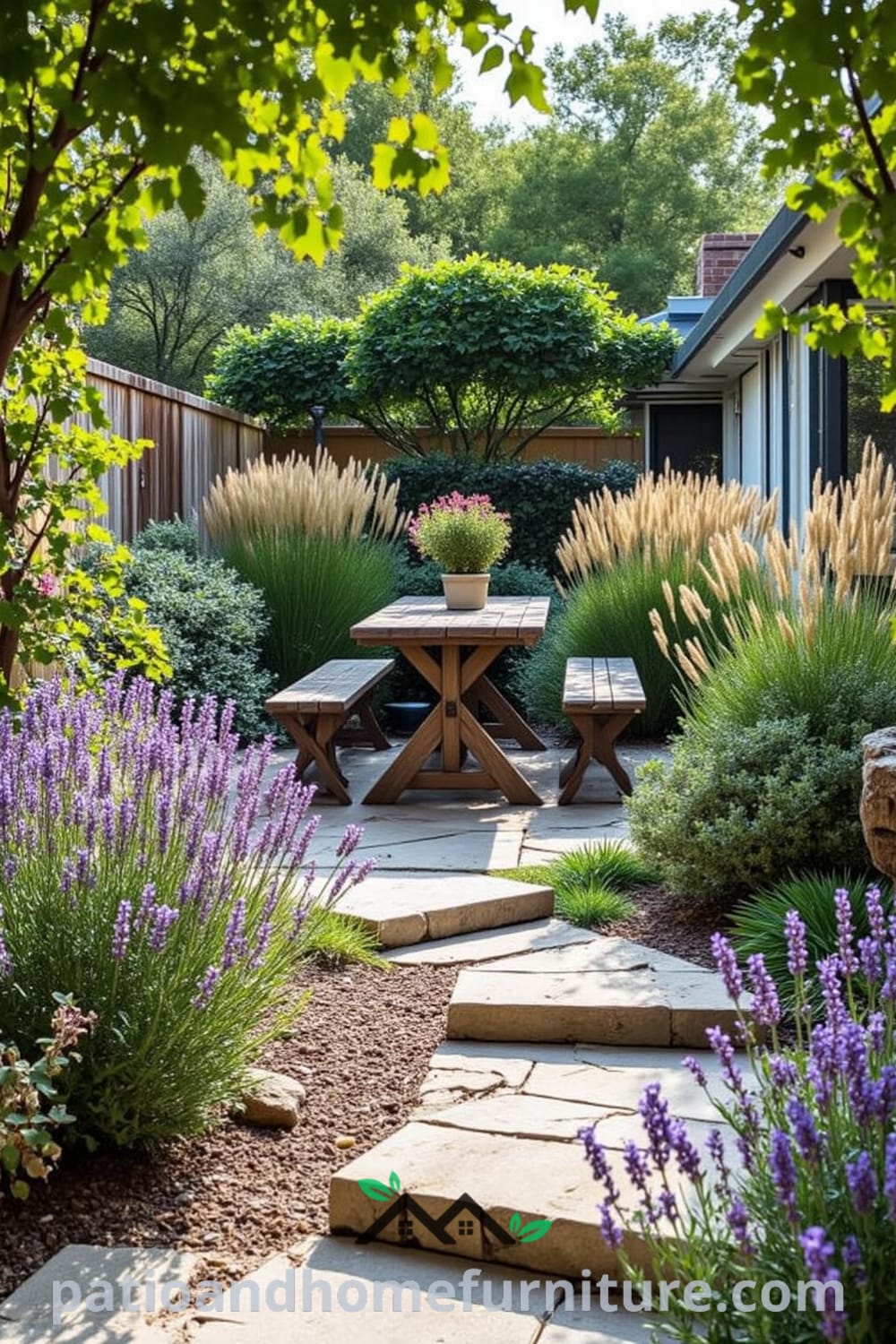 Cozy backyard retreat with rustic stone pathways, flowering shrubs, weathered wooden benches, and a dining table, creating an inviting atmosphere for family gatherings and relaxation, featuring designs and decor ideas for your home from fireplacesandwoodstoves.com.