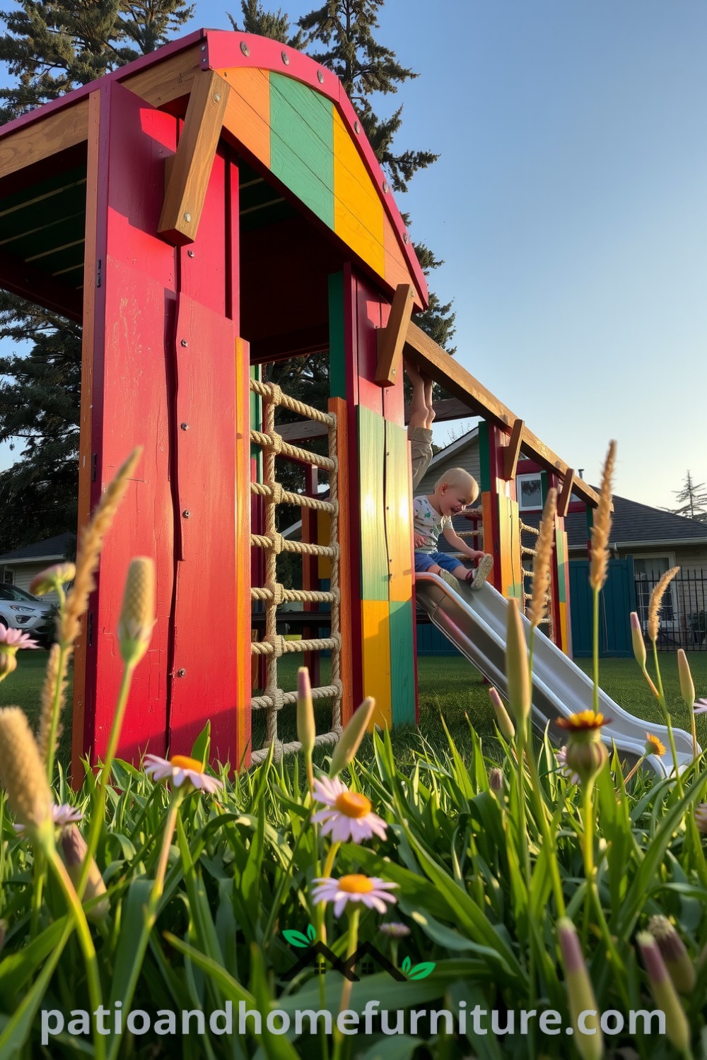 Bright backyard with colorful climbing structures where children play joyfully on a rope ladder and slide, surrounded by wildflowers, capturing the essence of outdoor fun and inspiration for a cozy home design, showcasing decor ideas from fireplacesandwoodstoves.com.
