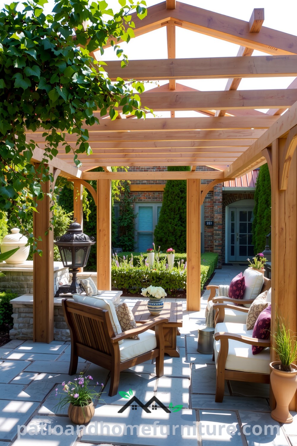 Sun-soaked garden with a weathered cedar pergola adorned with climbing vines, rustic wooden furniture, and plush cushions, creating a cozy retreat perfect for gatherings, ideal for inspiring decor ideas for your home at fireplacesandwoodstoves.com.