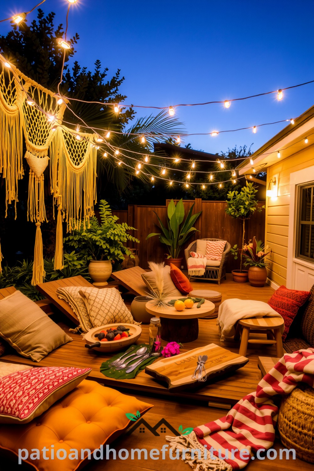Cozy boho outdoor patio dinner party featuring macramé decor, earth-toned cushions, and twinkling fairy lights, creating a warm inviting atmosphere with grilled vegetables and hand-carved serving platters, providing unique ideas for your home from fireplacesandwoodstoves.com.