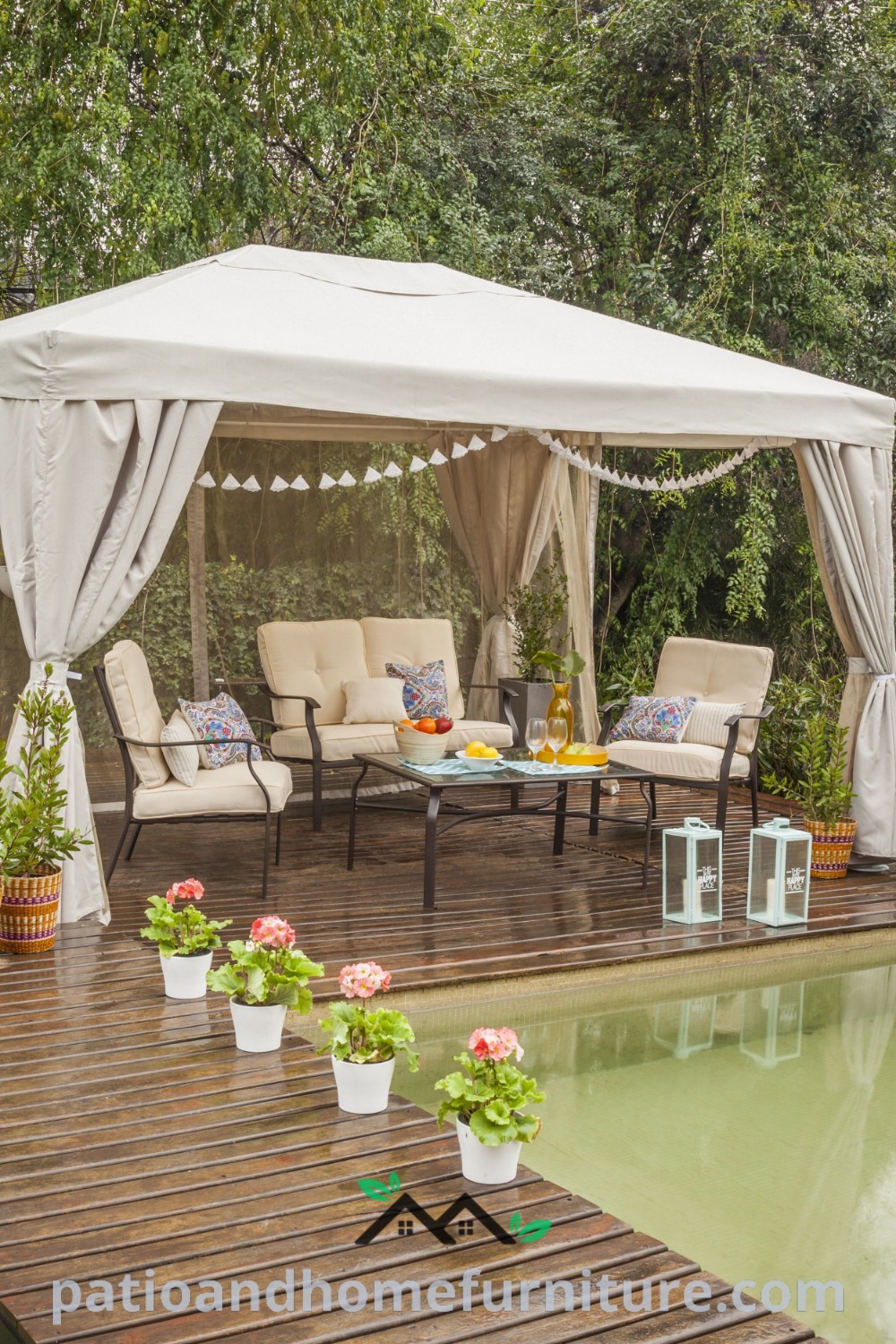 Gazebo on a wooden deck by a sparkling pool, with chairs and tables, creating cozy ideas for outdoor decor and inspiring designs at wellnesswink.com.