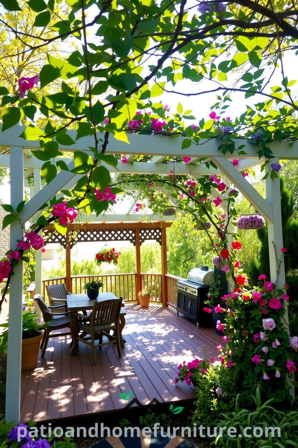 Floral vinyl pergola nestled in a lush garden, surrounded by climbing vines and colorful blooms, creating a cozy retreat ideal for gatherings or relaxation, with inviting aesthetics and serene atmosphere; see more at fireplacesandwoodstoves.com.