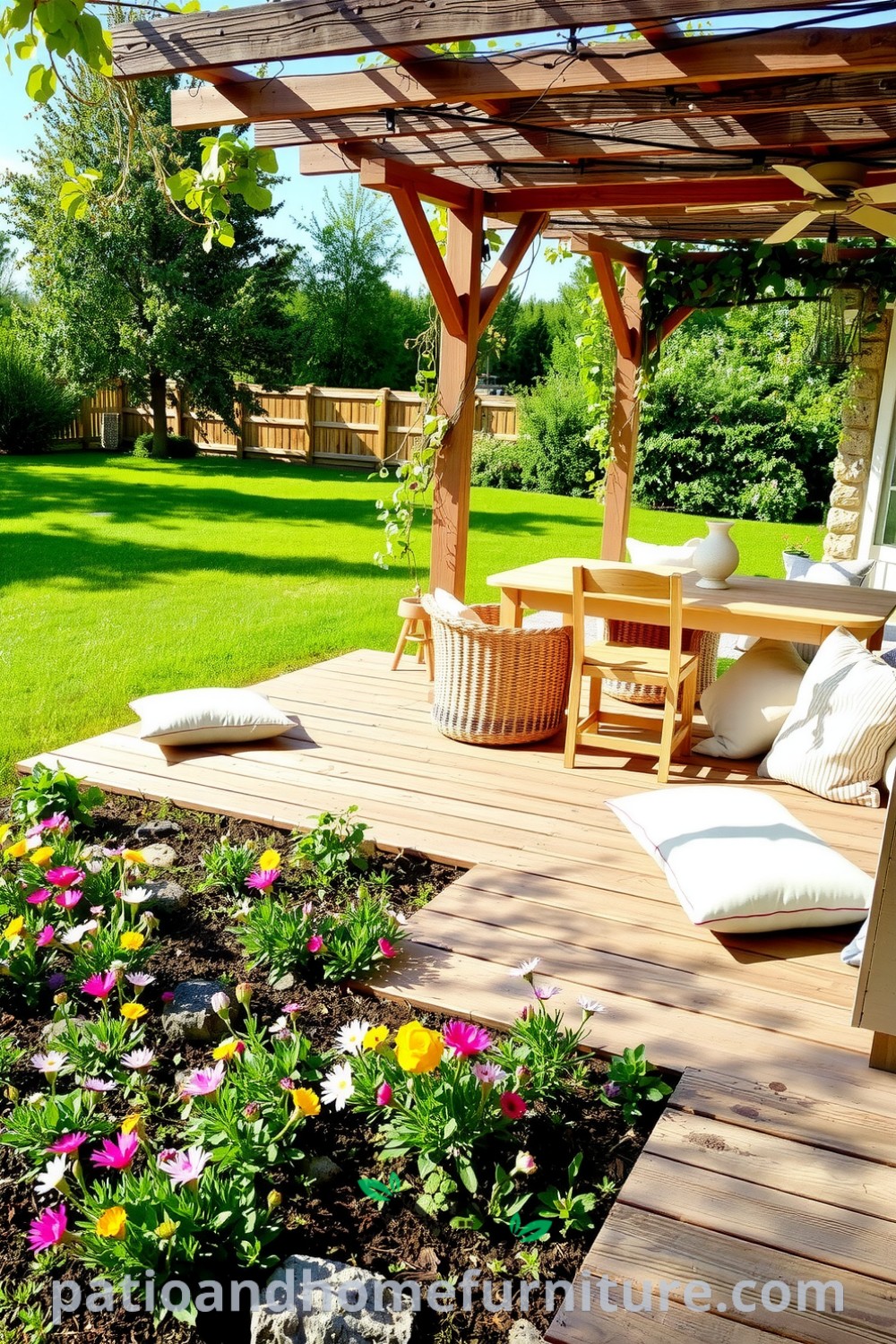 Cozy outdoor space featuring a weathered wooden deck, vibrant wildflowers, mismatched chairs at a rustic dining table, and a pergola with climbing vines, creating an inviting atmosphere for relaxation at fireplacesandwoodstoves.com.