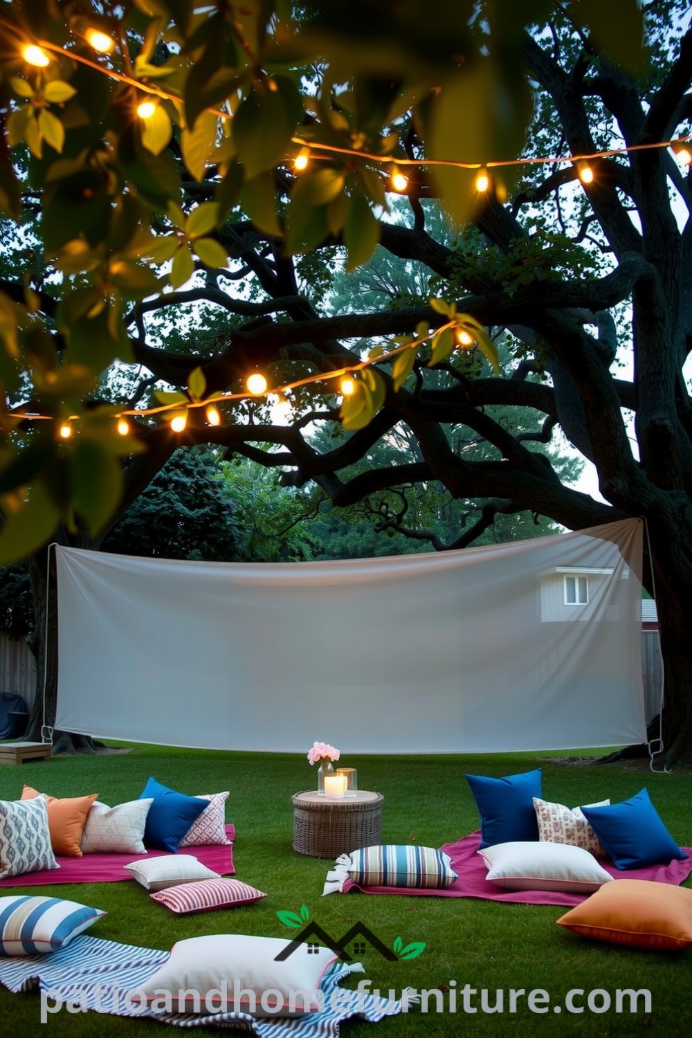 Outdoor cinema setup between two oak trees with a large screen, cozy blankets, mismatched cushions, and fairy lights, creating a warm and inviting ambiance ideal for a movie night, showcasing unique ideas for your home at fireplacesandwoodstoves.com.