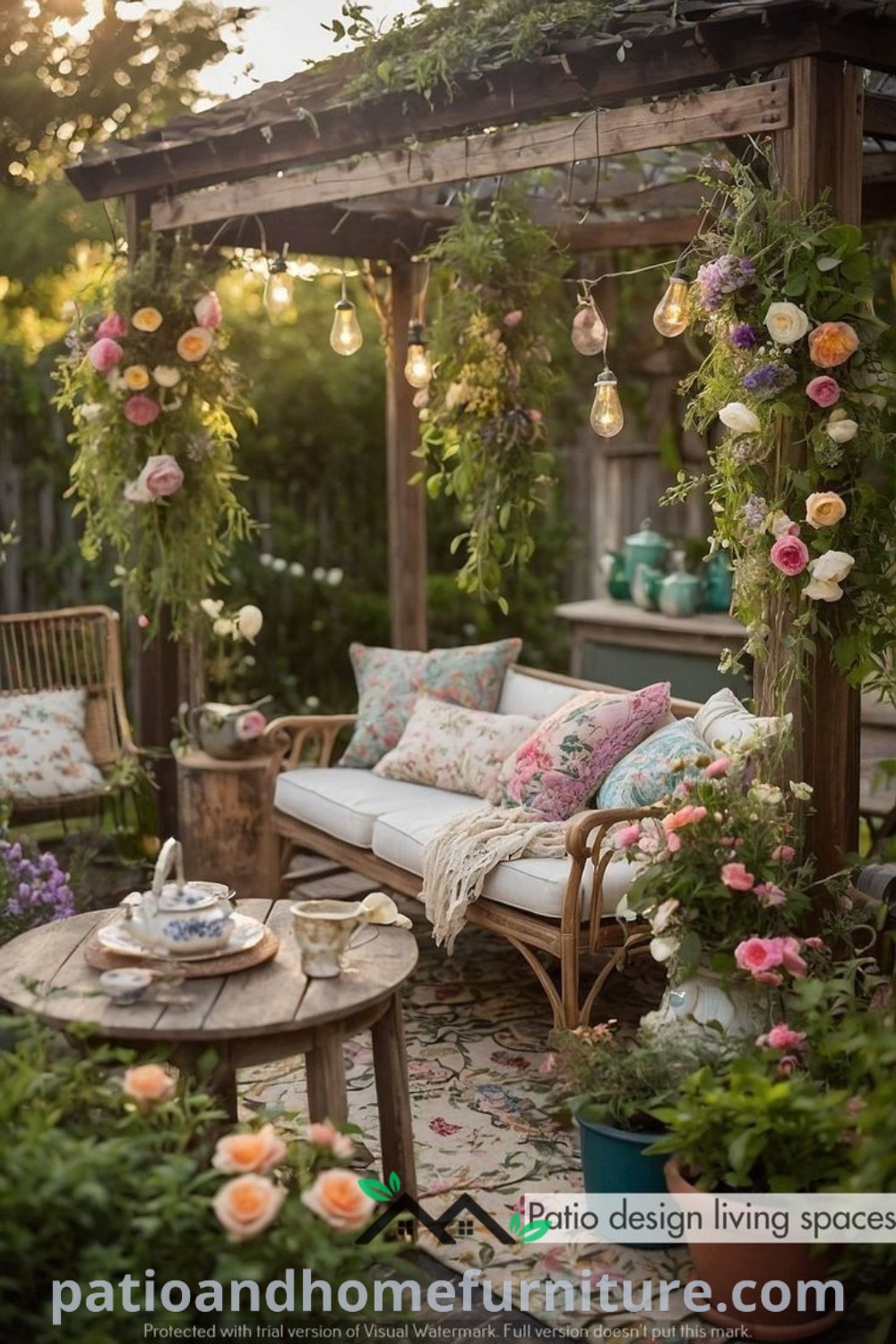 Cozy outdoor seating area with tables covered in flowers, soft couches in the background, and a whimsical garden vibe, presenting unique ideas for creating a charming patio on wellnesswink.com.