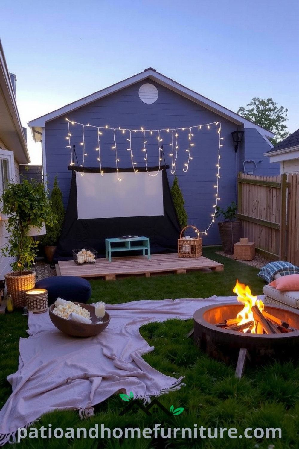 Cozy backyard cinema setup featuring a wooden pallet stage with fairy lights, a large blanket on the grass, cushions, bowls of popcorn, and a crackling fire pit, creating an inviting atmosphere for a movie night. For more unique ideas, visit fireplacesandwoodstoves.com.