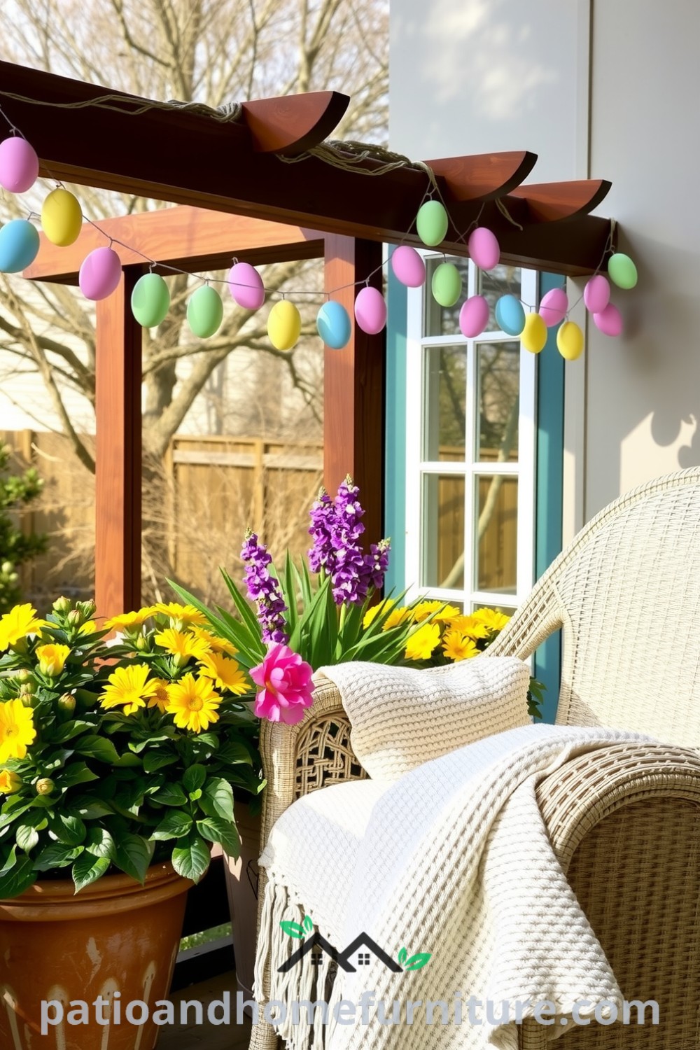 Colorful garlands of pastel egg-shaped decorations hanging from a rustic wood railing, with blooming spring flowers in yellow, pink, and lavender on a patio, complemented by a knitted throw on a wicker chair, offering cozy ideas and decor inspirations for your home at fireplacesandwoodstoves.com.