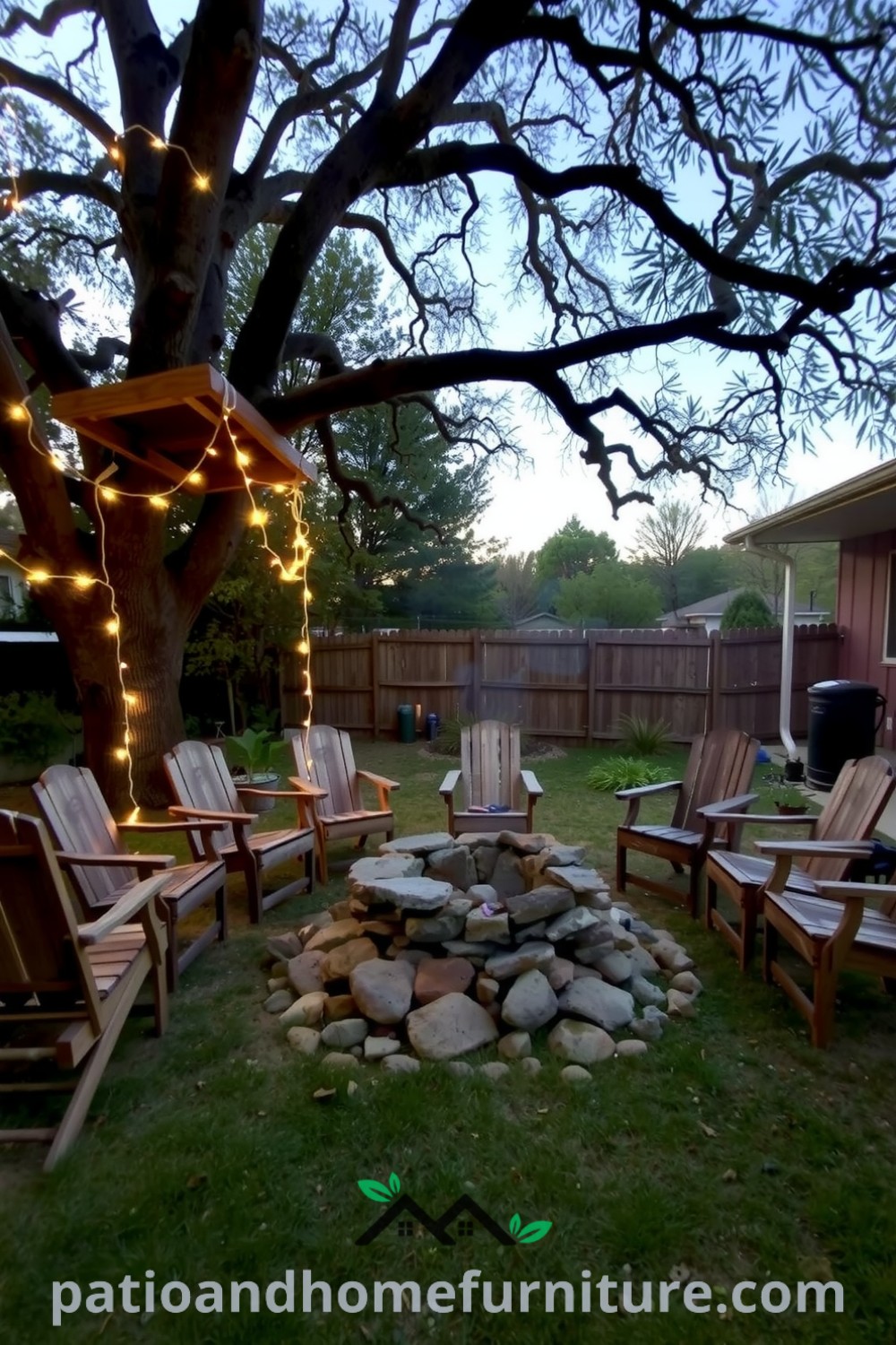 Cozy backyard with a rustic picnic table, mismatched chairs, twinkling string lights, and a handmade fire pit, perfect for gatherings and evoking warm memories, showcasing unique ideas for outdoor decor at fireplacesandwoodstoves.com.