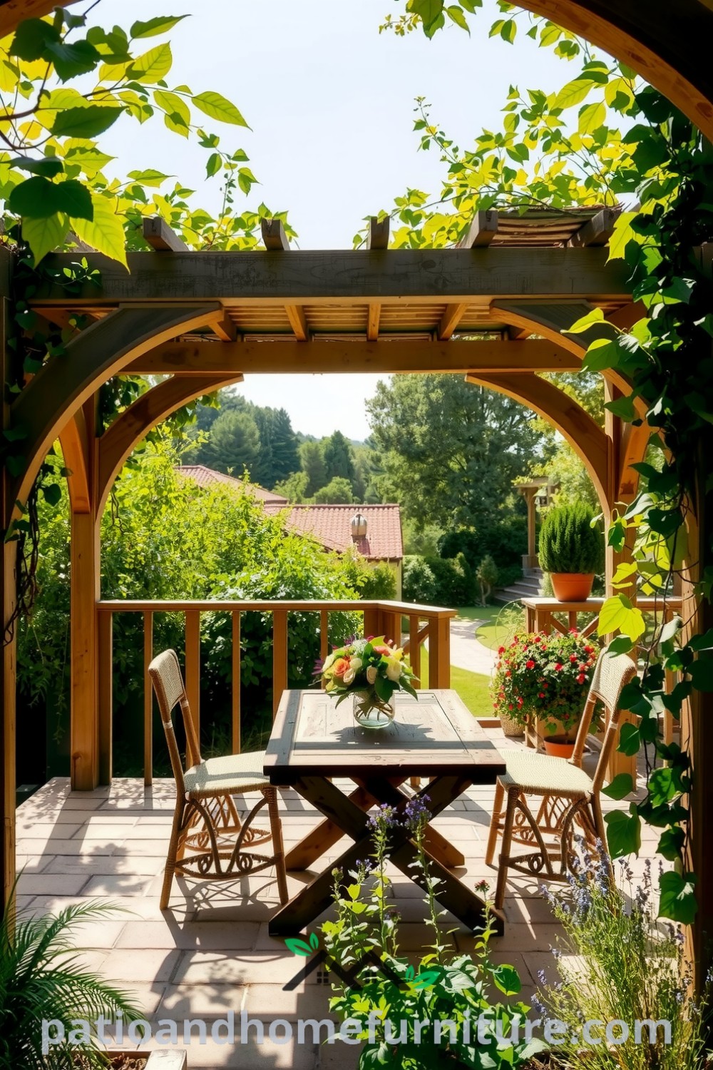Charming outdoor seating area under an arched timber pergola entwined with climbing vines, featuring a rustic table with a wildflower bouquet, creating a serene atmosphere for gatherings. For more cozy ideas, visit fireplacesandwoodstoves.com.